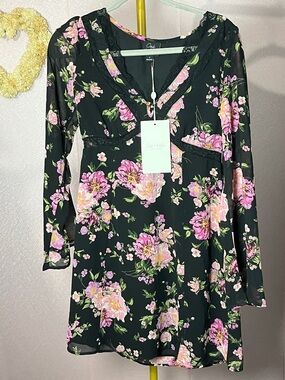 Oak + Fort Black Floral Long-Sleeve Mini Dress - Pink Floral